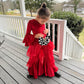 Pole Position Princess Velvet Jumpsuit  Red Racing Pageant Outfit with Bell Bottoms & Organza Train | Girls Holiday Pageant Costume