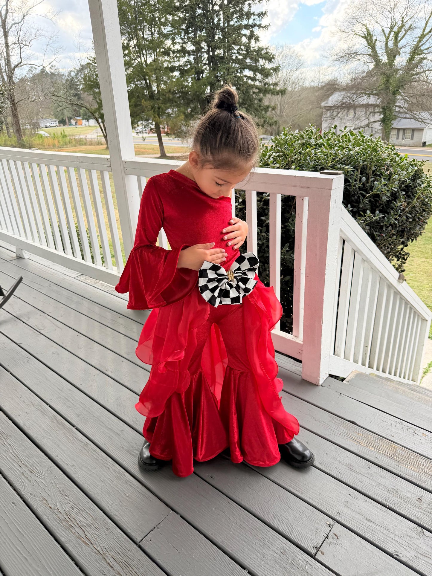 Pole Position Princess Velvet Jumpsuit  Red Racing Pageant Outfit with Bell Bottoms & Organza Train | Girls Holiday Pageant Costume