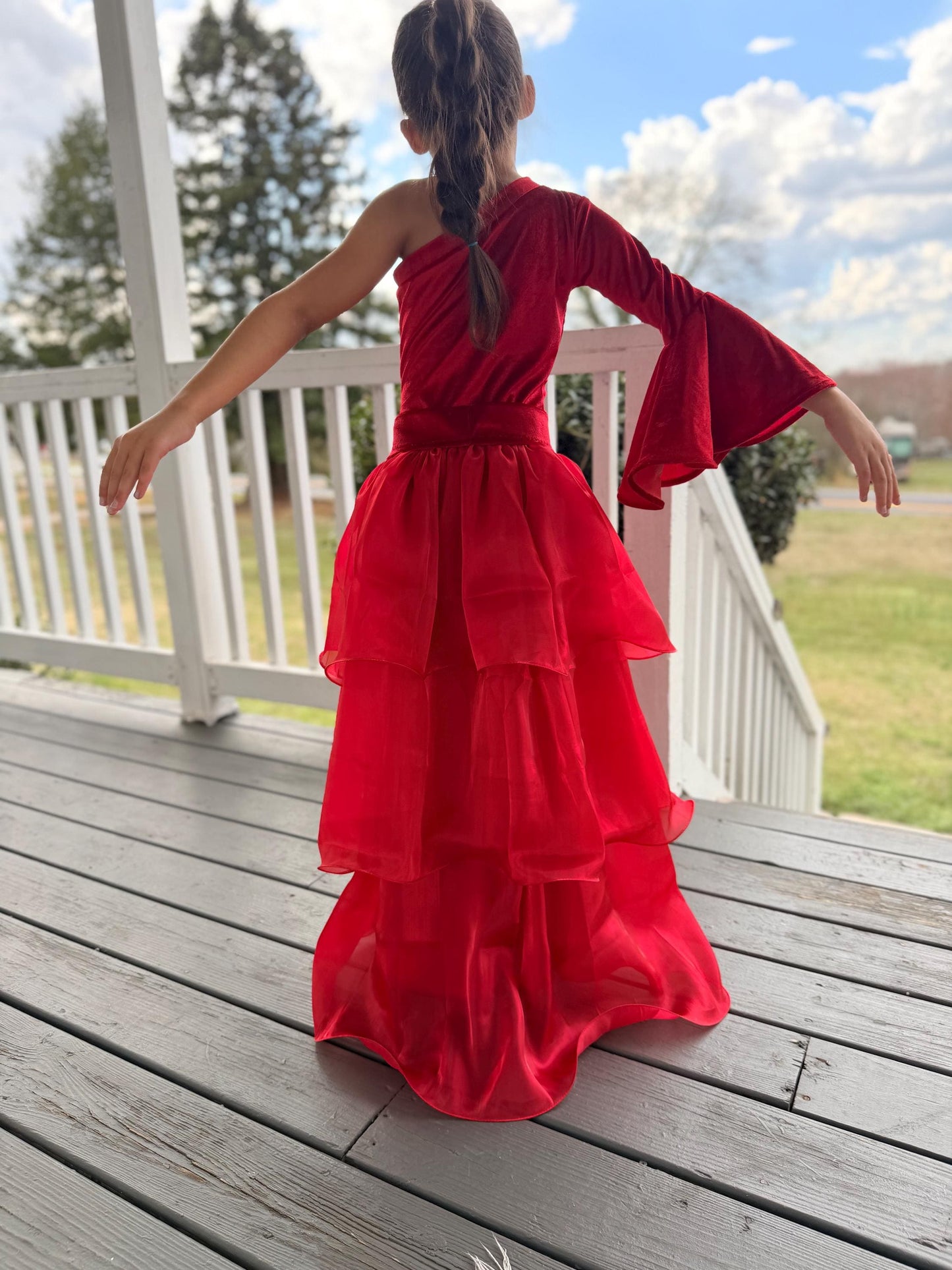 Pole Position Princess Velvet Jumpsuit  Red Racing Pageant Outfit with Bell Bottoms & Organza Train | Girls Holiday Pageant Costume