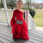 Pole Position Princess Velvet Jumpsuit  Red Racing Pageant Outfit with Bell Bottoms & Organza Train | Girls Holiday Pageant Costume
