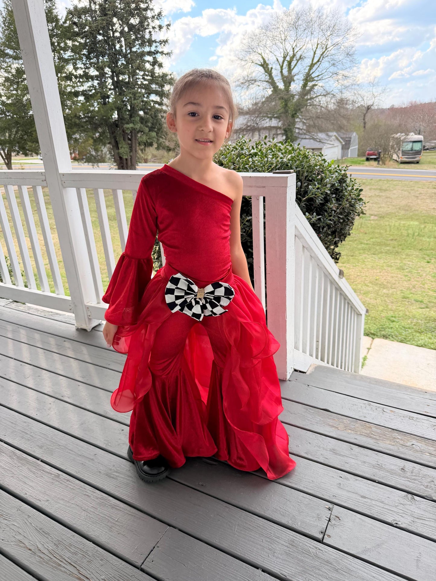 Pole Position Princess Velvet Jumpsuit  Red Racing Pageant Outfit with Bell Bottoms & Organza Train | Girls Holiday Pageant Costume