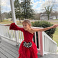 Pole Position Princess Velvet Jumpsuit  Red Racing Pageant Outfit with Bell Bottoms & Organza Train | Girls Holiday Pageant Costume