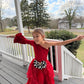 Pole Position Princess Velvet Jumpsuit  Red Racing Pageant Outfit with Bell Bottoms & Organza Train | Girls Holiday Pageant Costume