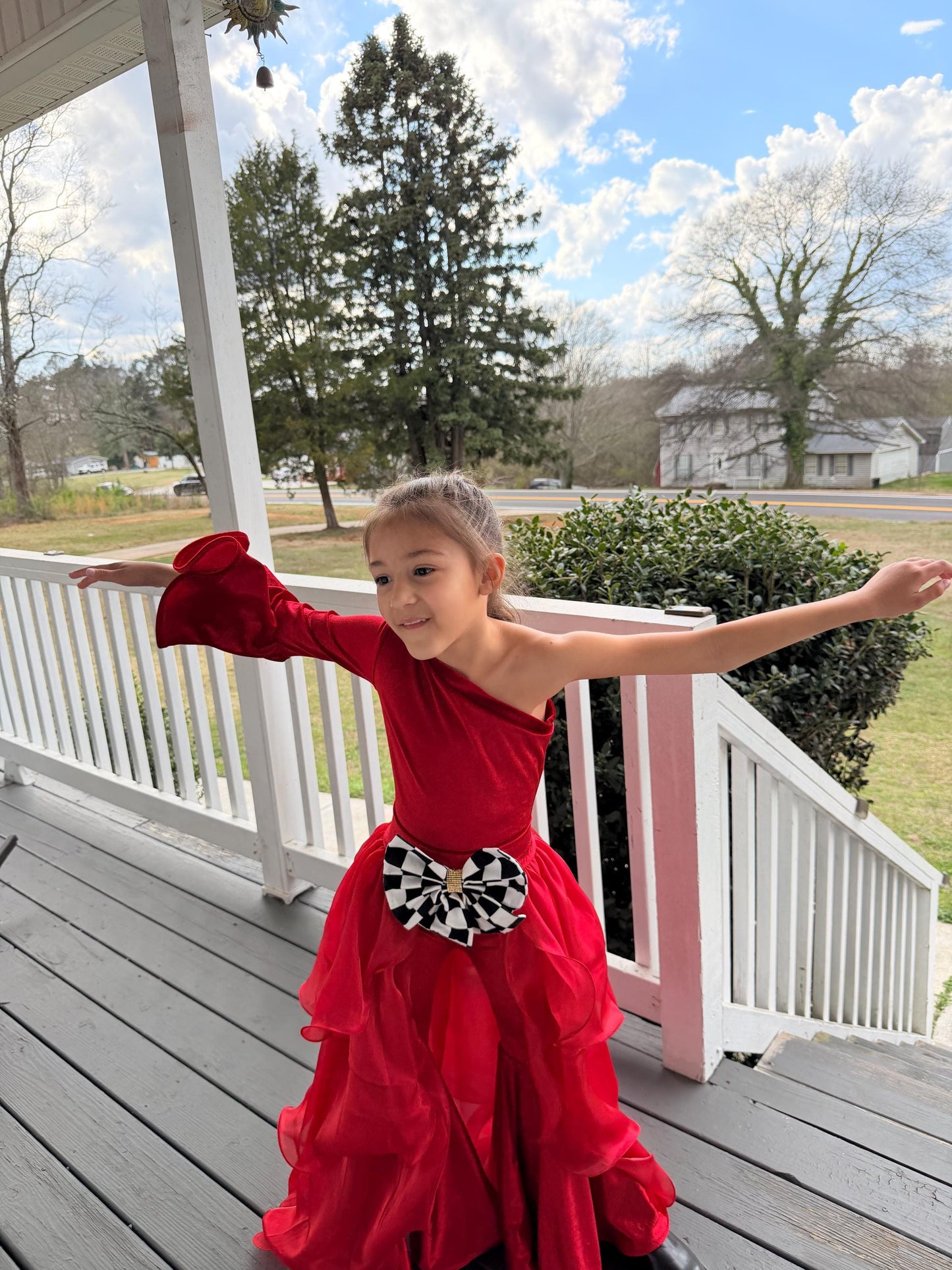 Pole Position Princess Velvet Jumpsuit  Red Racing Pageant Outfit with Bell Bottoms & Organza Train | Girls Holiday Pageant Costume