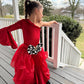 Pole Position Princess Velvet Jumpsuit  Red Racing Pageant Outfit with Bell Bottoms & Organza Train | Girls Holiday Pageant Costume