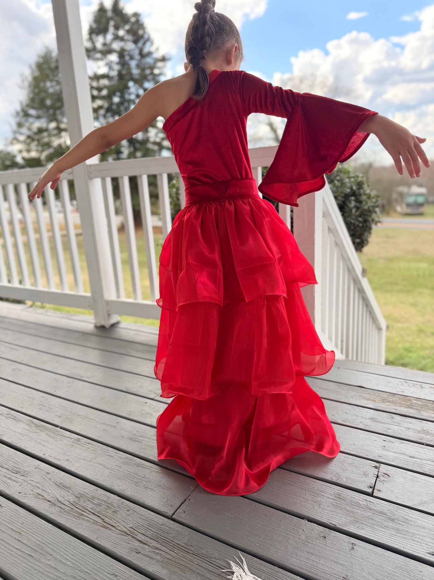 Pole Position Princess Velvet Jumpsuit  Red Racing Pageant Outfit with Bell Bottoms & Organza Train | Girls Holiday Pageant Costume