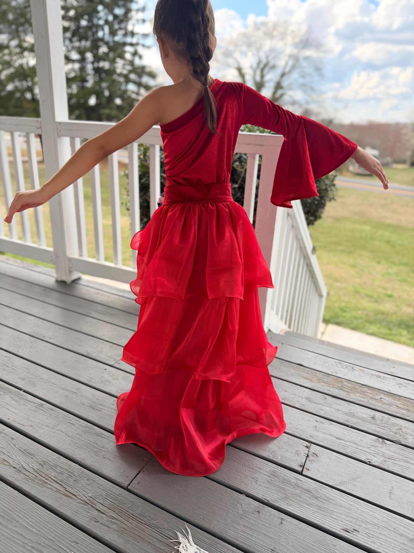 Pole Position Princess Velvet Jumpsuit  Red Racing Pageant Outfit with Bell Bottoms & Organza Train | Girls Holiday Pageant Costume