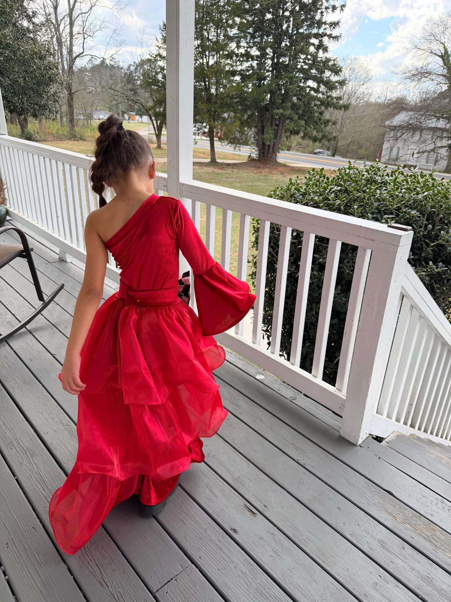 Pole Position Princess Velvet Jumpsuit  Red Racing Pageant Outfit with Bell Bottoms & Organza Train | Girls Holiday Pageant Costume