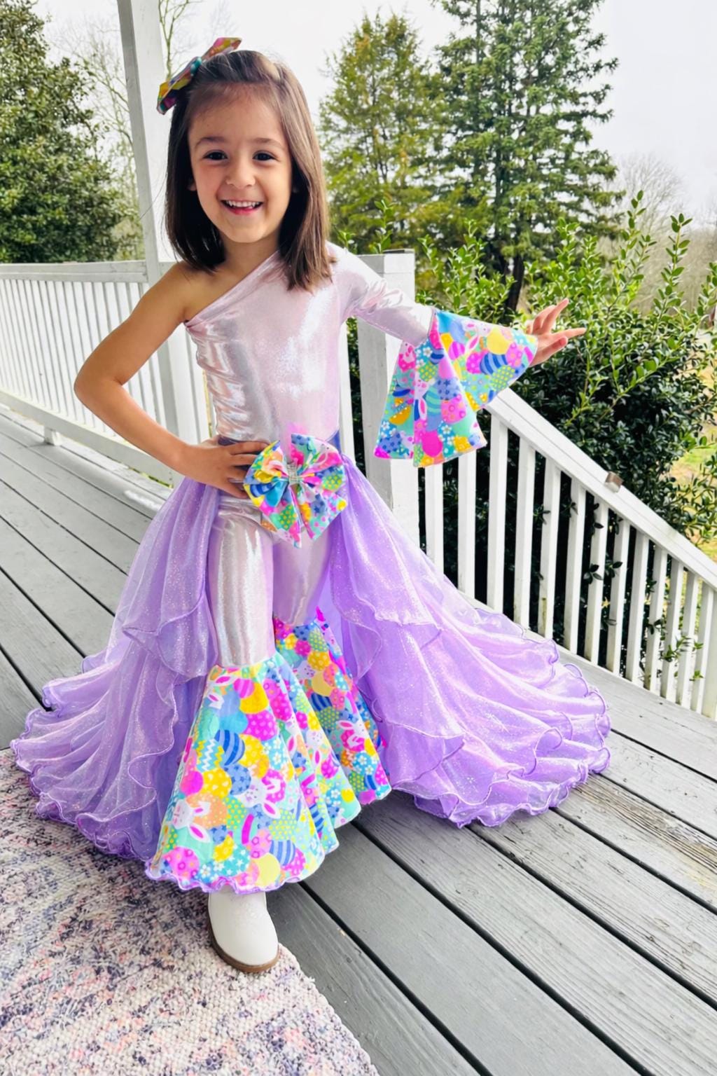 2.0 Easter Elegance Kids Jumpsuit with Detachable Train Skirt, Custom Sizes 0-20, Optional Hair Bow, Spring Pageant Outfit Wholesome Goods C