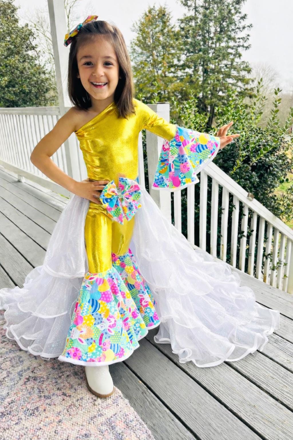 2.0 Easter Elegance Kids Jumpsuit with Detachable Train Skirt, Custom Sizes 0-20, Optional Hair Bow, Spring Pageant Outfit Wholesome Goods C