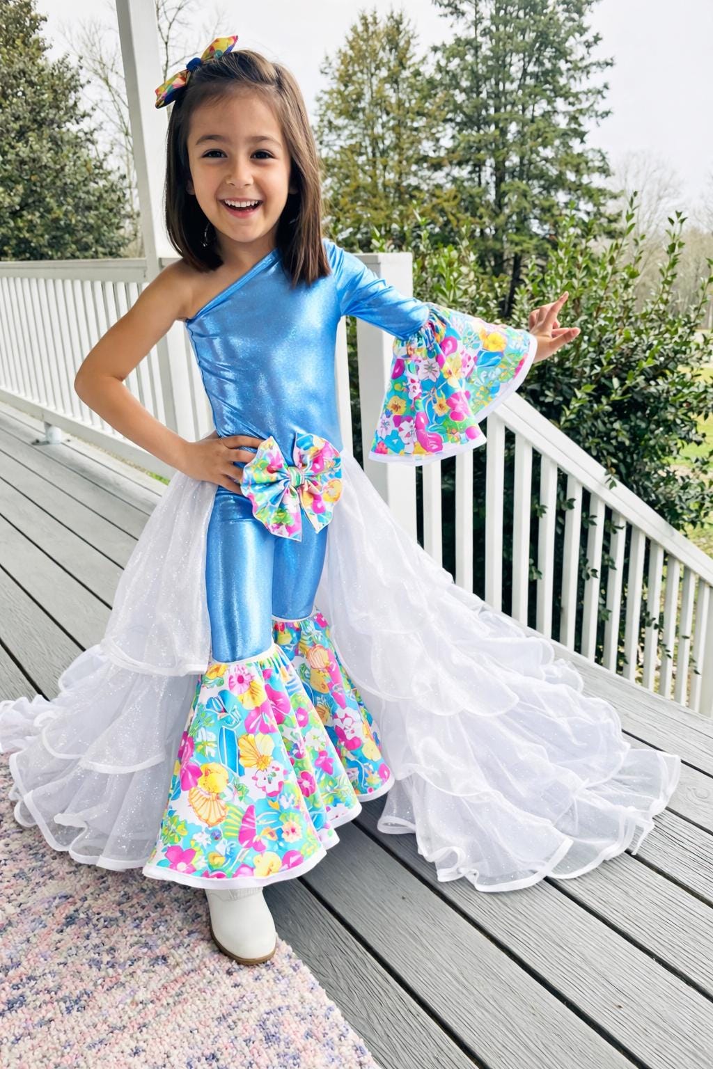 2.0 Easter Elegance Kids Jumpsuit with Detachable Train Skirt, Custom Sizes 0-20, Optional Hair Bow, Spring Pageant Outfit Wholesome Goods C