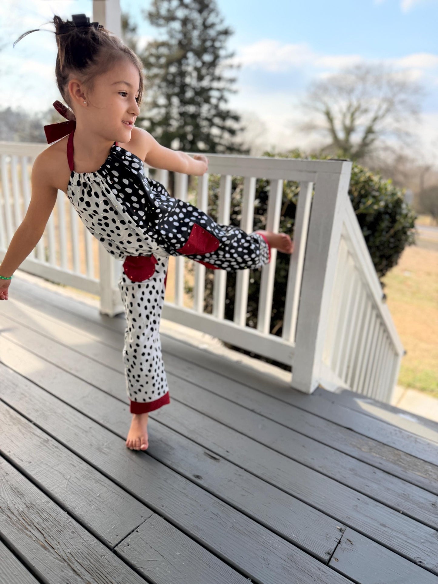 Cruella Inspired Polka Dot Halter Jumpsuit for Kids | Retro Black White Outfit | Toddler Baby to Juniors Handmade