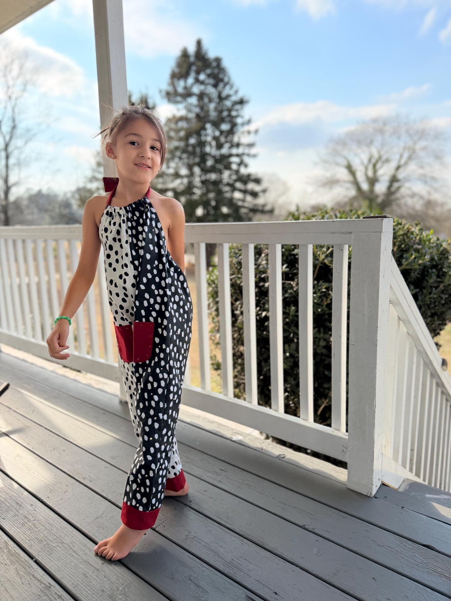 Cruella Inspired Polka Dot Halter Jumpsuit for Kids | Retro Black White Outfit | Toddler Baby to Juniors Handmade