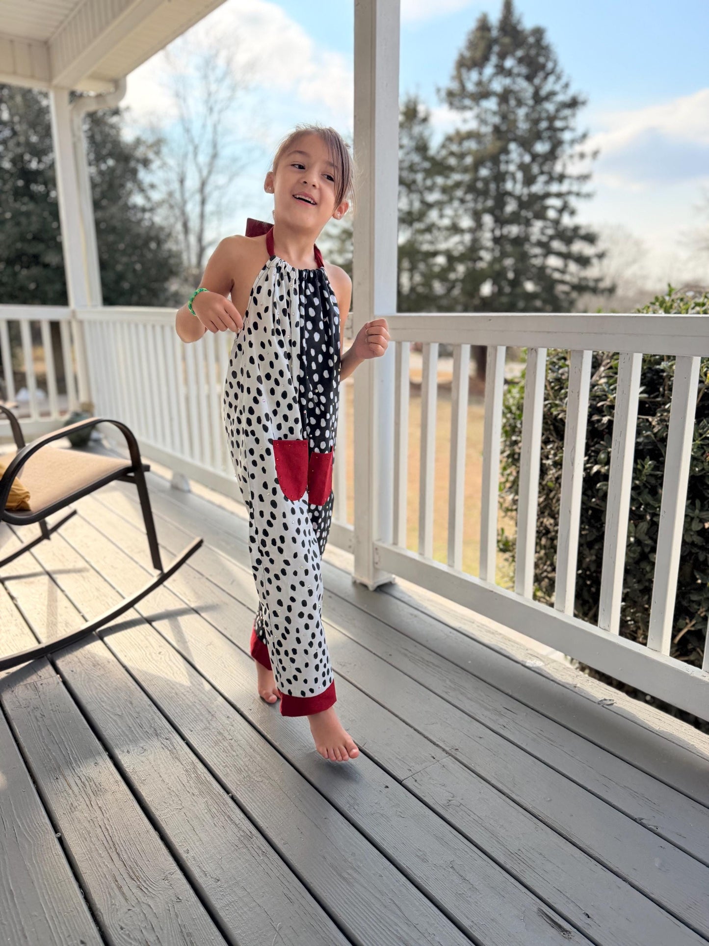 Cruella Inspired Polka Dot Halter Jumpsuit for Kids | Retro Black White Outfit | Toddler Baby to Juniors Handmade