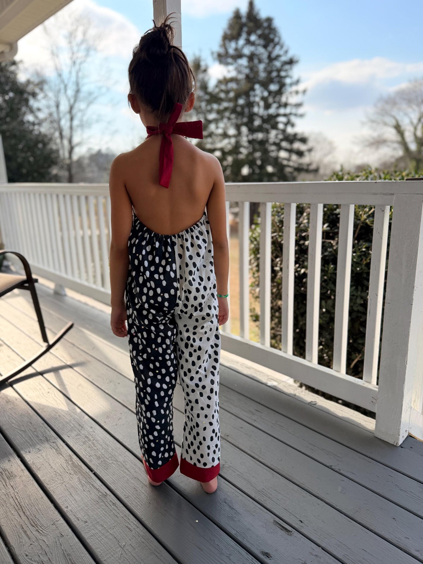 Cruella Inspired Polka Dot Halter Jumpsuit for Kids | Retro Black White Outfit | Toddler Baby to Juniors Handmade