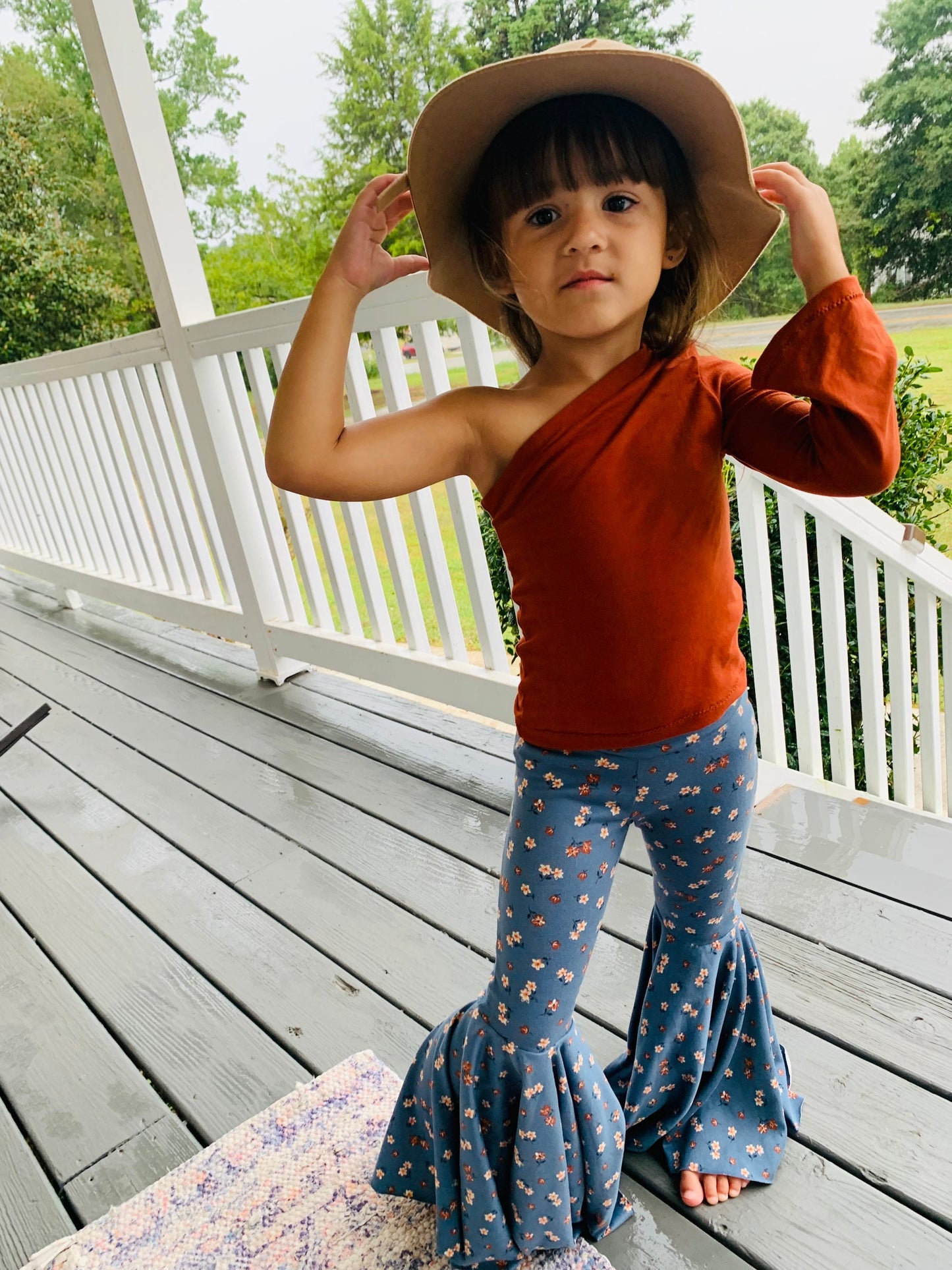Floral Bell Bottoms, Rust One Shoulder Bell Sleeve Top|Kids Bell Bottoms|Newborn Flare Pants|Boho Clothes|Wholesome Goods Co|Fall/Winter