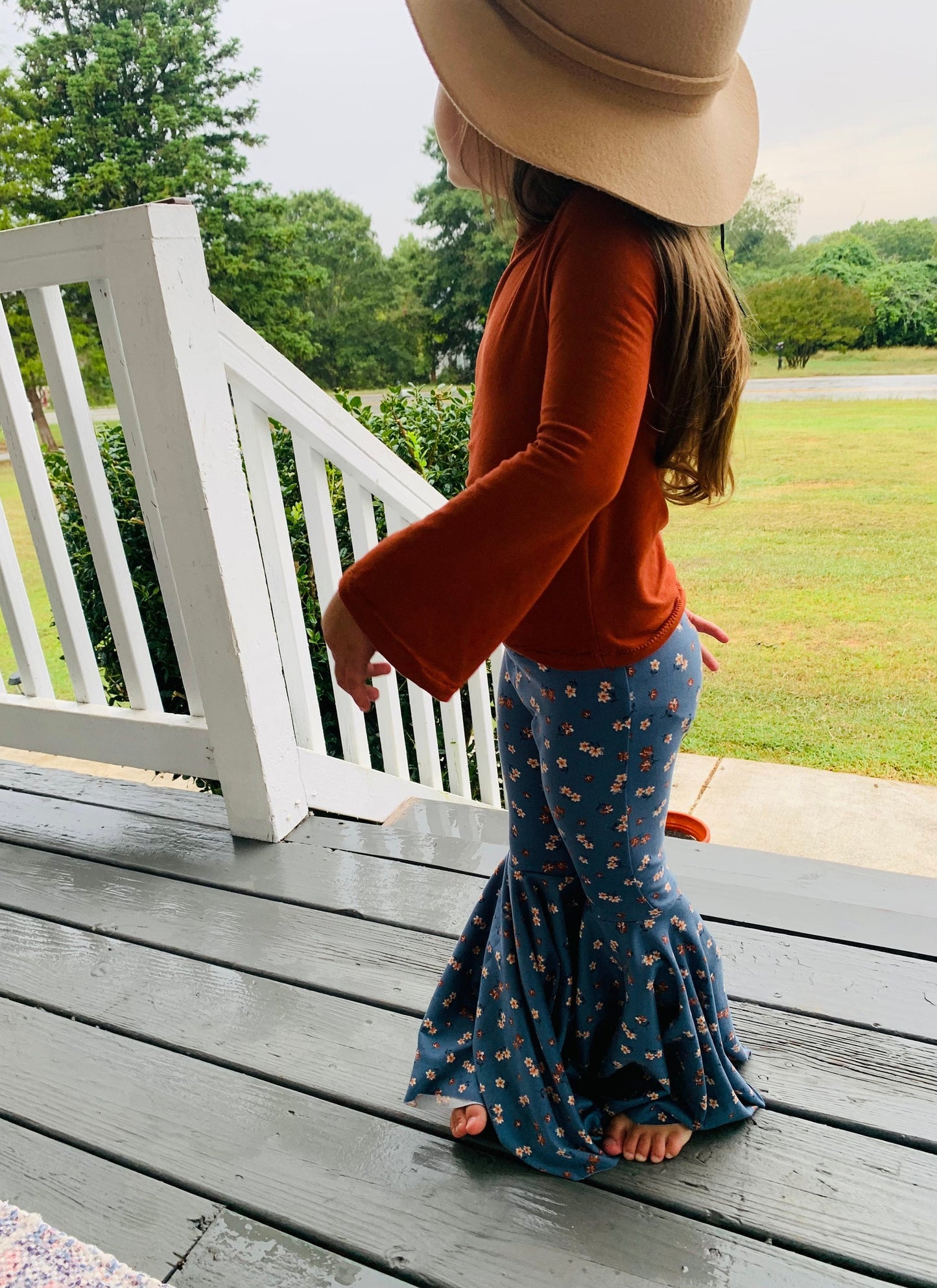 Floral Bell Bottoms, Rust One Shoulder Bell Sleeve Top