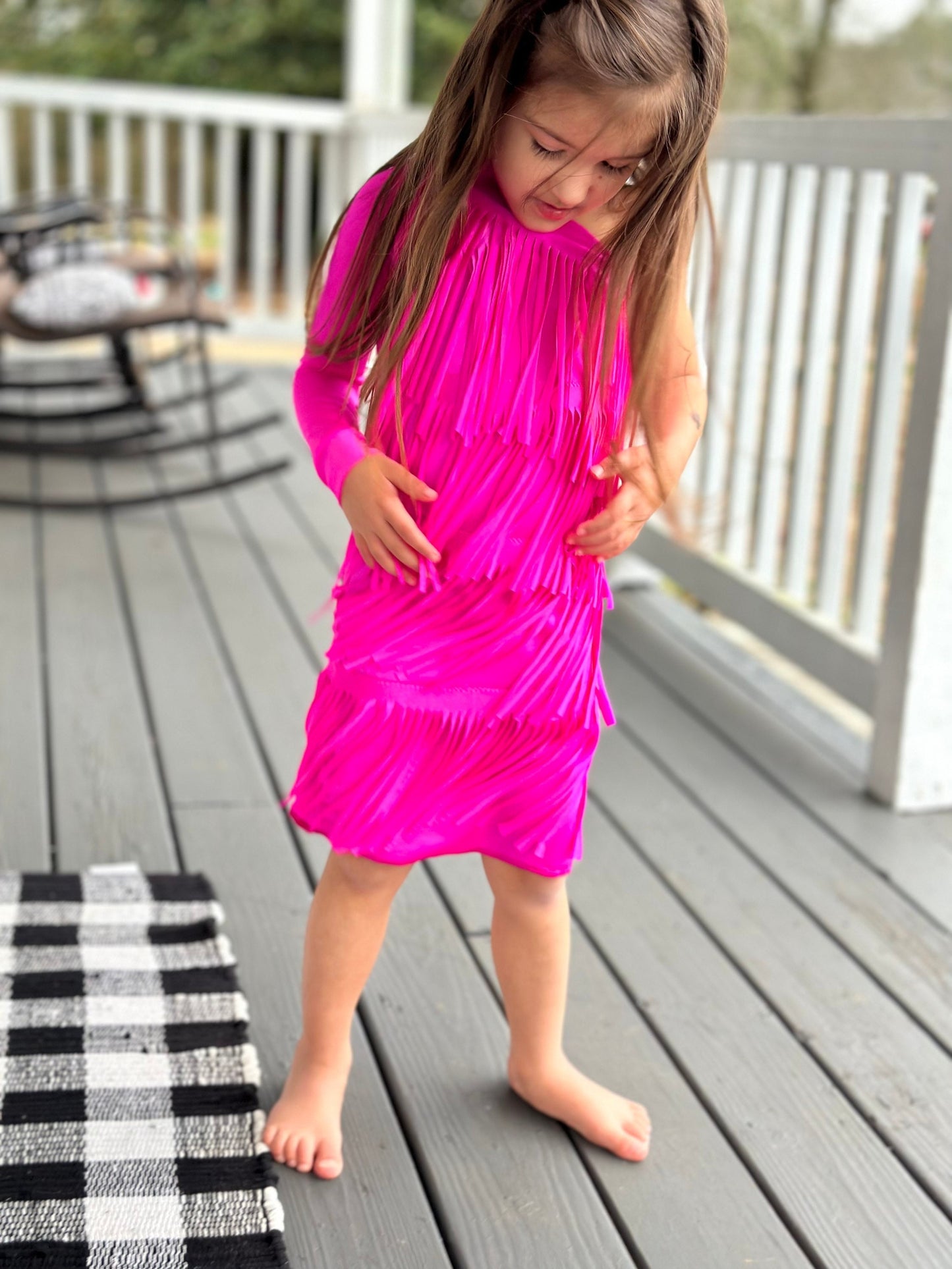 Electric Cowgirl Boho Chic Rodeo Ready One Shoulder Fringe Dress for Free-Spirited Kids - Available in Multiple Colors and Sleeve Styles.