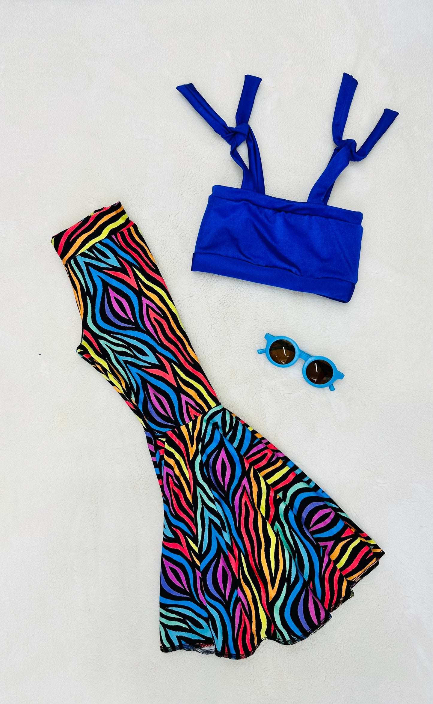 It’s a Vibe Exaggerated Bell Bottoms| Electric Blue Cropped Top With Shoulder Ties|Trendy Sunglasses| Wholesome Goods Co