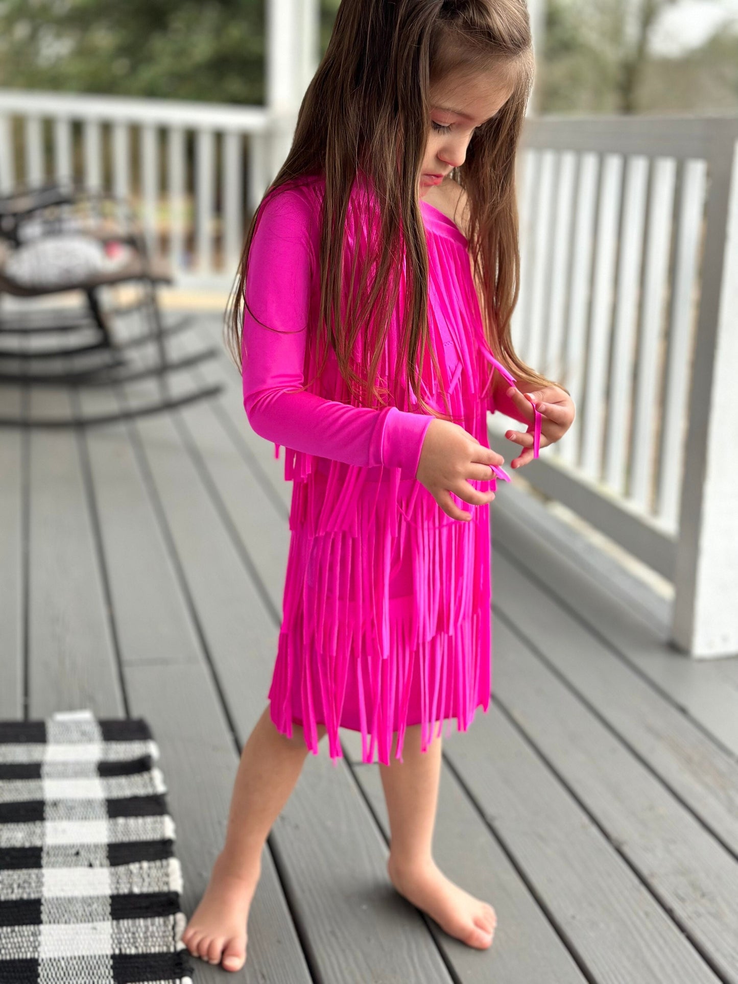 Electric Cowgirl Boho Chic Rodeo Ready One Shoulder Fringe Dress for Free-Spirited Kids - Available in Multiple Colors and Sleeve Styles.
