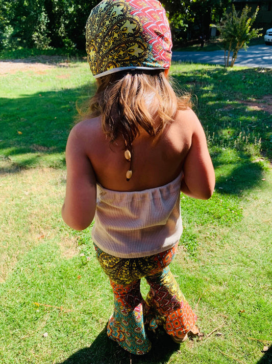 Phoenix Bell Bottoms and Sand Ribbed Halter Top |Kids Bell Bottoms|Newborn Flare Pants|Halter Shirt|Hippie Flare Pants|Boho Chic Clothing