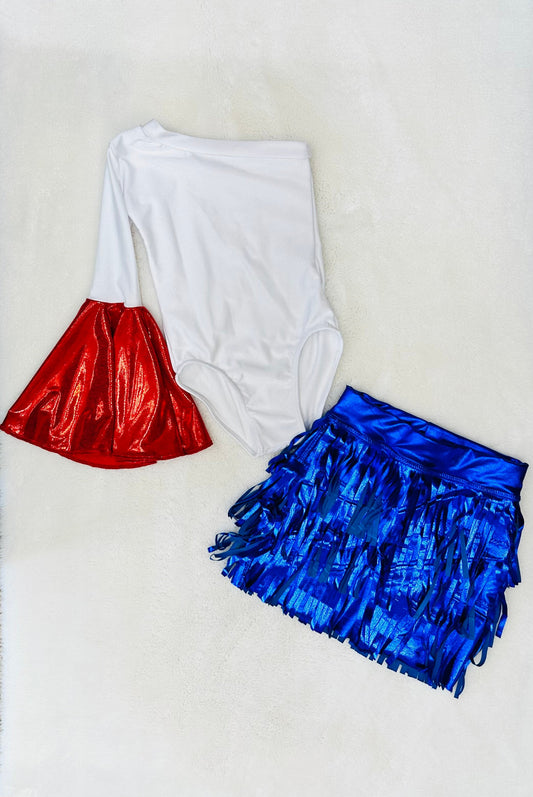 Star-Spangled Style Girl's Patriotic Fringe Skirt and One Shoulder Bell Sleeve Leotard for Boho-Western Adventures (Sold Separately)