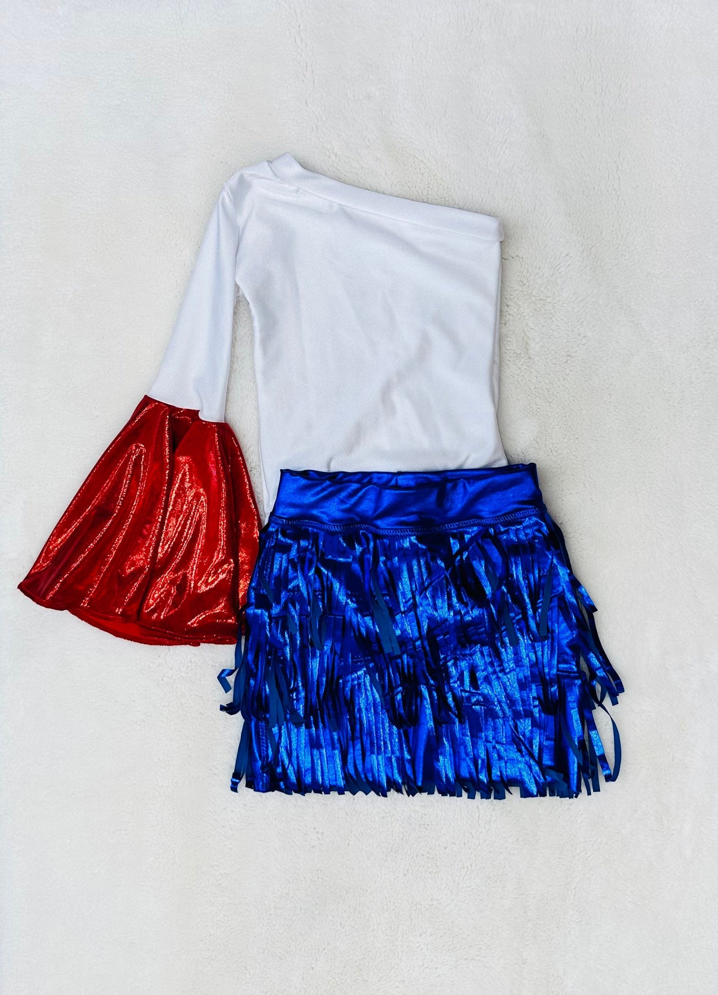 Star-Spangled Style Girl's Patriotic Fringe Skirt and One Shoulder Bell Sleeve Leotard for Boho-Western Adventures (Sold Separately)