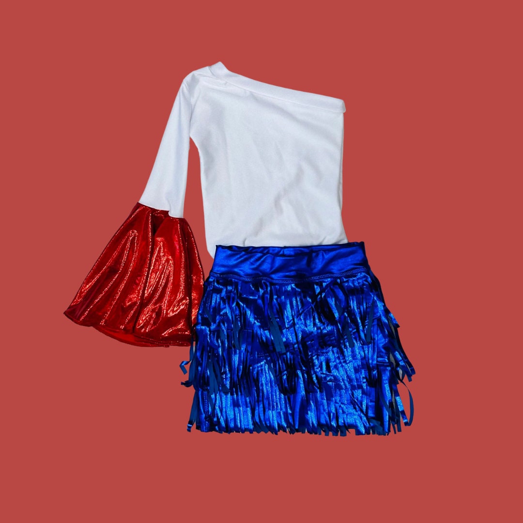 Star-Spangled Style Girl's Patriotic Fringe Skirt and One Shoulder Bell Sleeve Leotard for Boho-Western Adventures (Sold Separately)